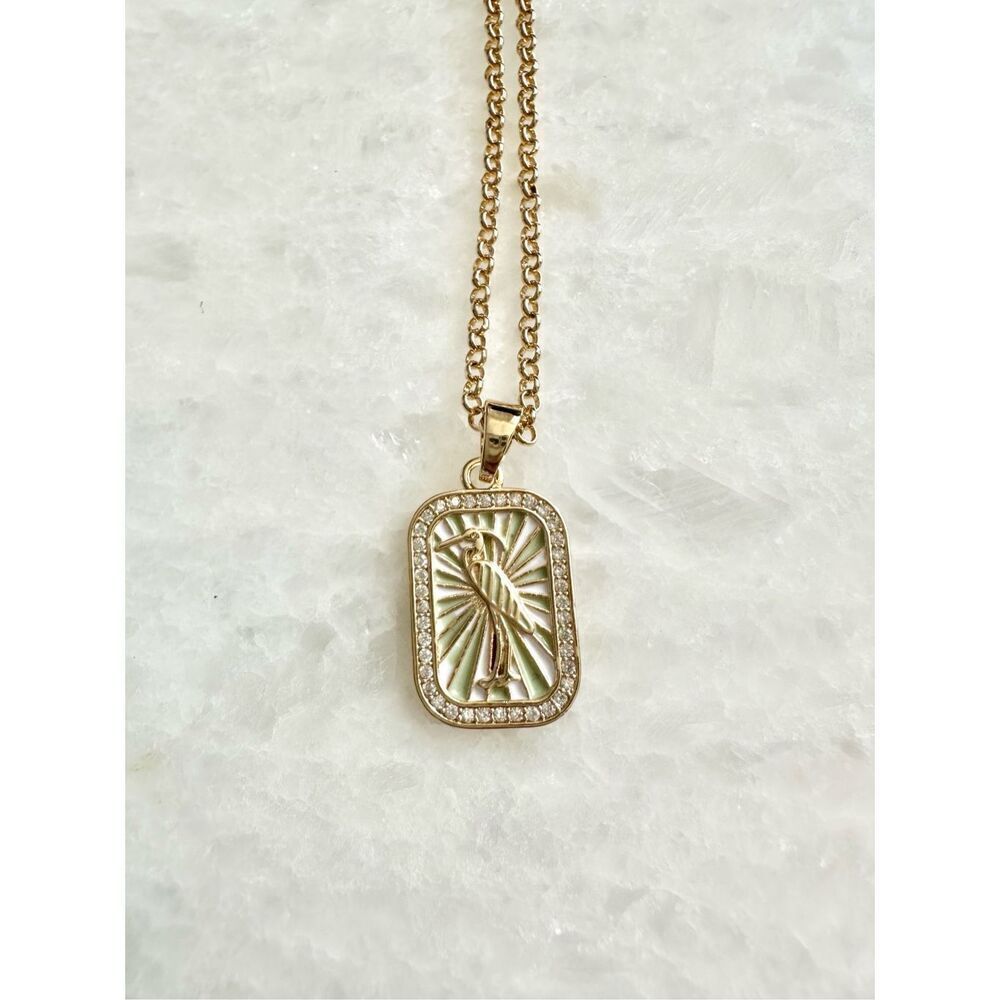 Light green and white crane pendant necklace